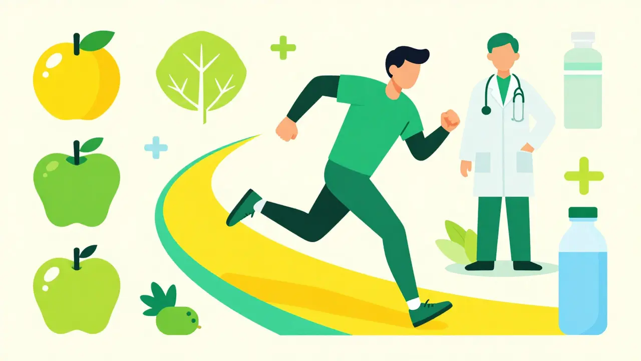 Running athlete surrounded by fruits with doctor figure nearby