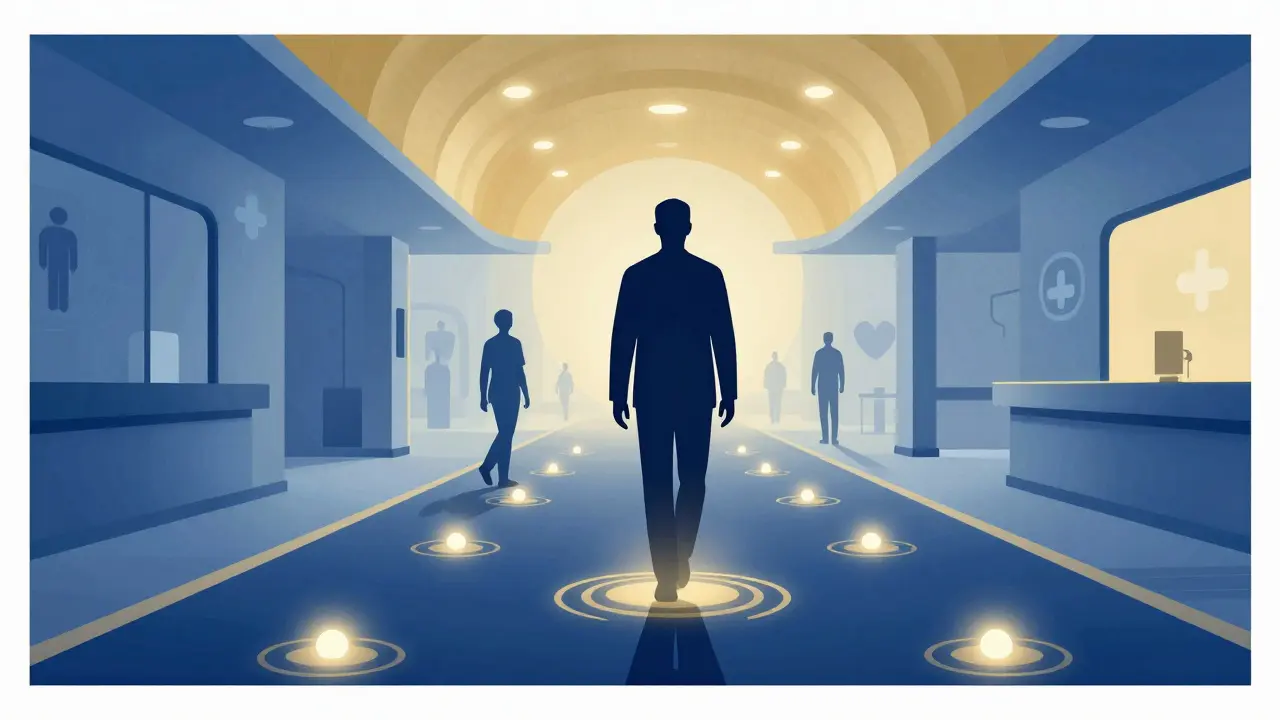 Silhouette walking path illuminated by glowing guidance nodes