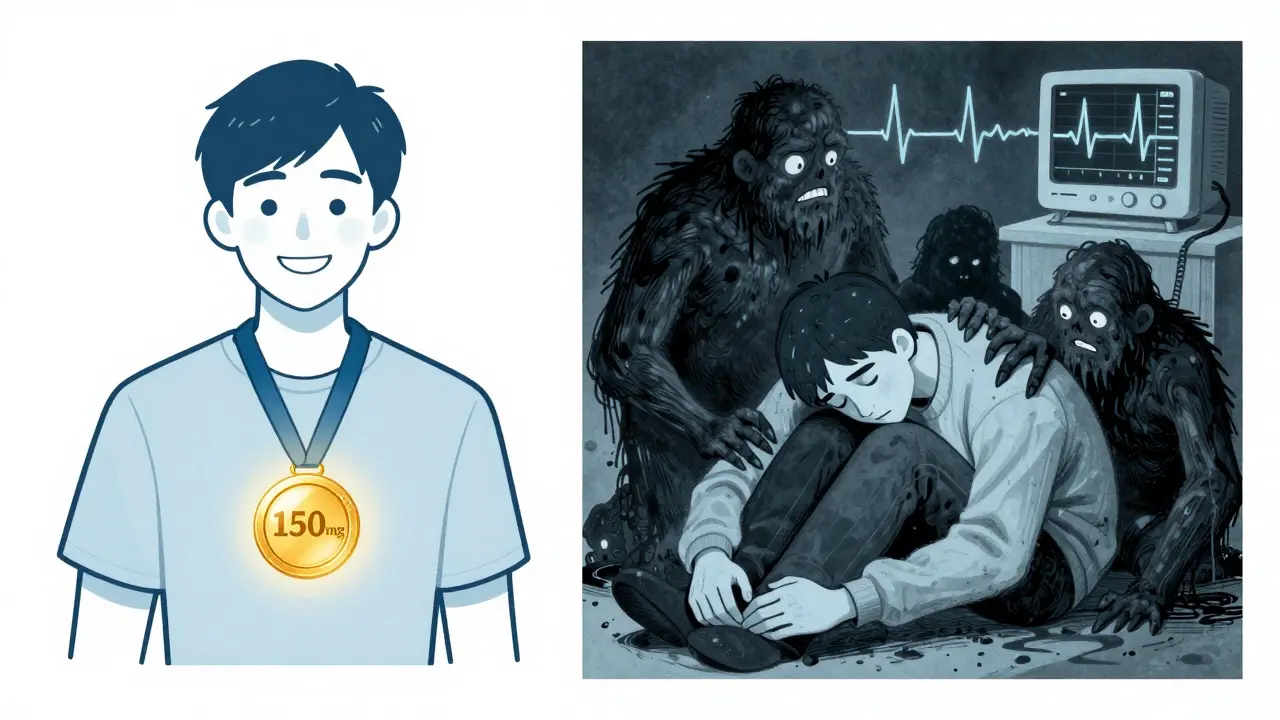 Split illustration: one side calm with glowing clomipramine pill, other side burdened by monstrous side effect creatures.