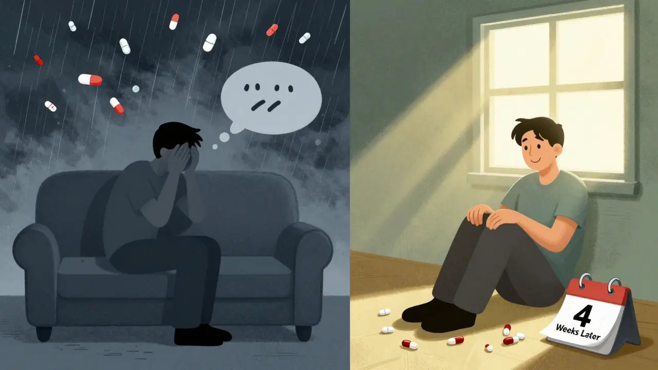 Split scene: one side shows distress from drug-induced hallucinations, the other shows calm recovery after stopping the drug.