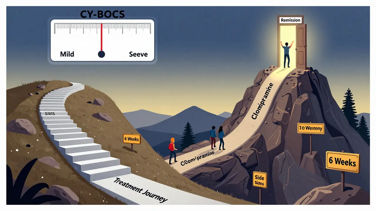 Surreal treatment path with SSRIs as stairs, clomipramine as rocky climb, glowing door of remission at summit.