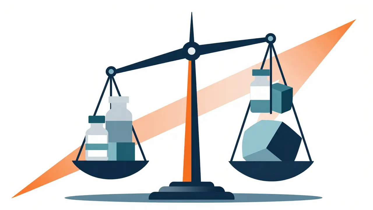 Tilted scale balancing medicine bottles against heavy weight blocks