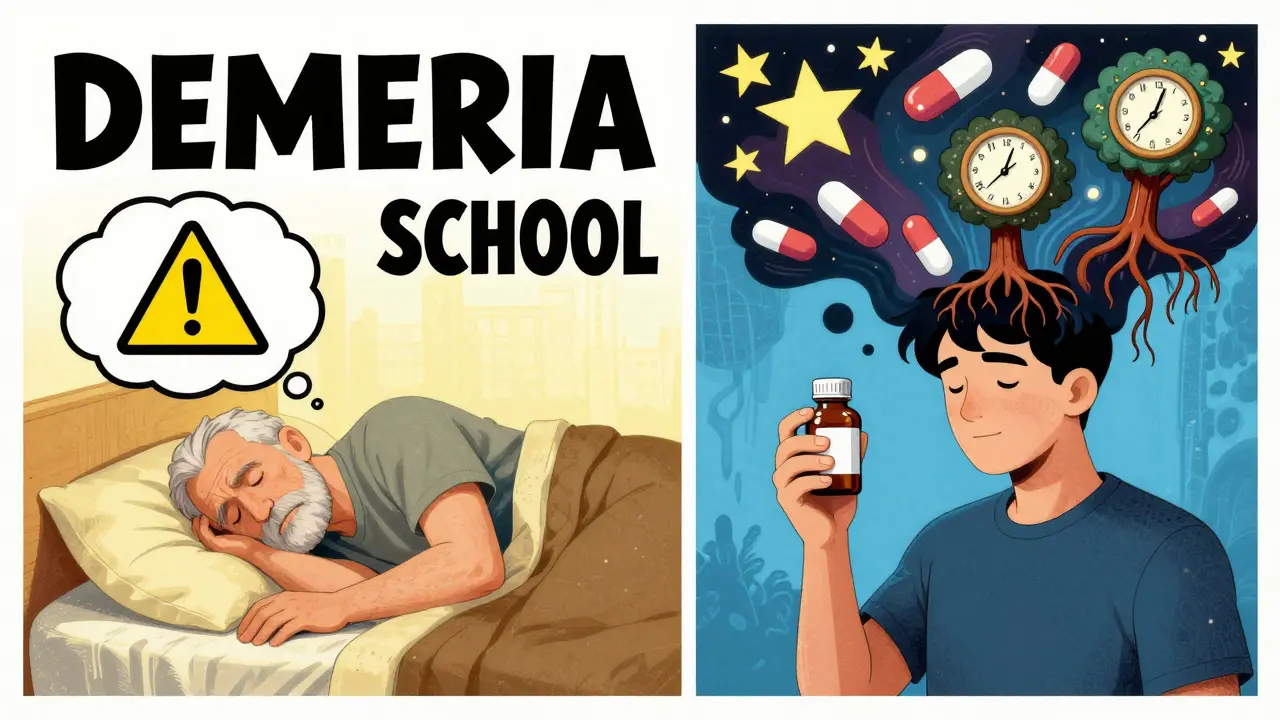 Two individuals affected differently by sleep aids — one with dementia symbols, another with nightmares swirling above.