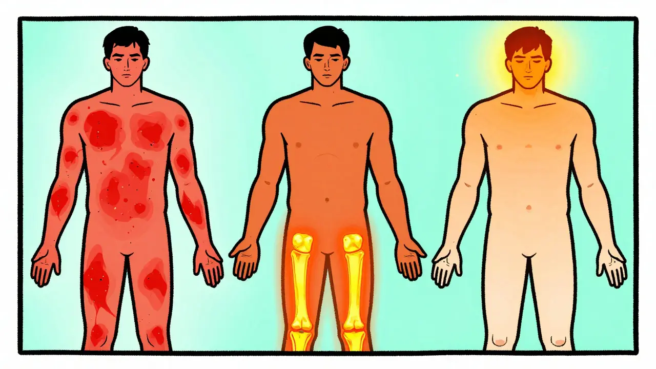 Abstract graphic representation of fever, hives, and joint pain.