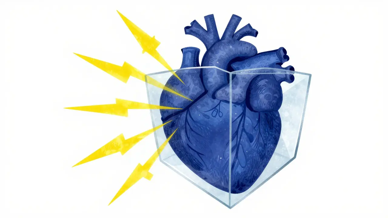 Abstract illustration of a heart shielded from adrenaline stress bolts.