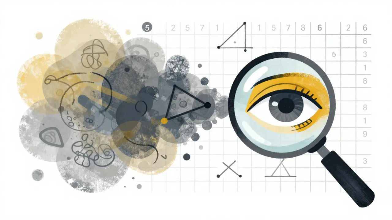 Abstract illustration of a magnifying glass analyzing precise numerical data and symbols.