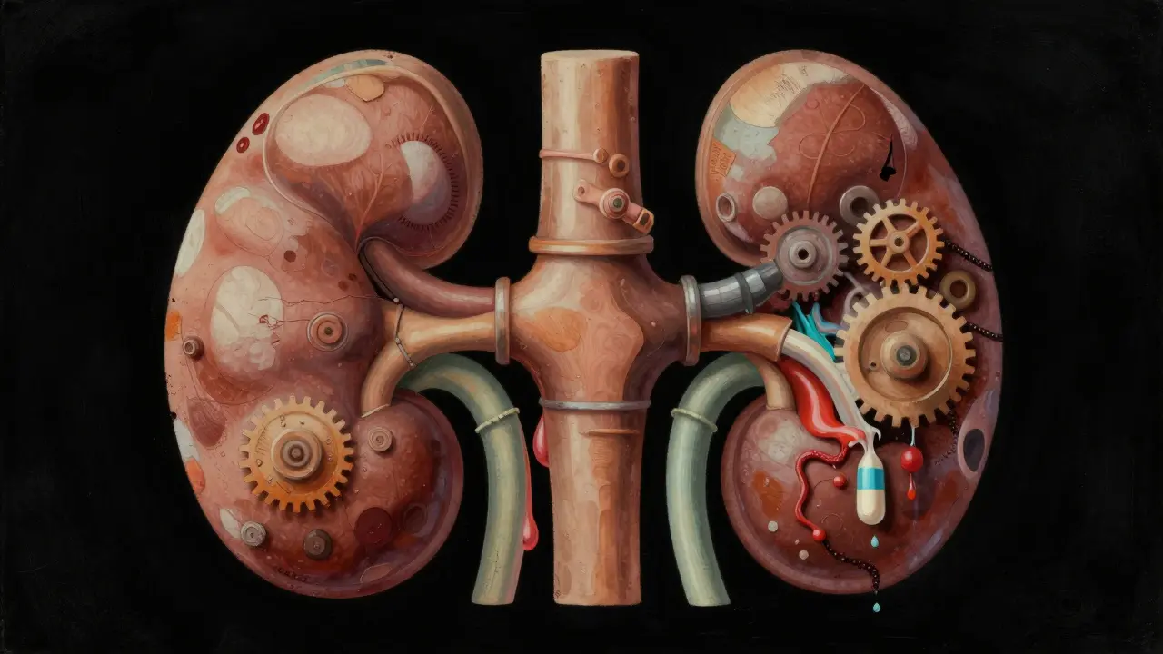 Conceptual art of aging organs as mechanical systems processing medication.