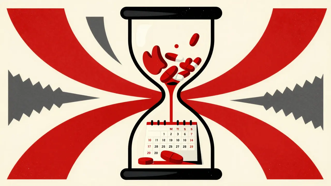 Conceptual art of an hourglass with medication and a calendar, representing monitoring schedules.