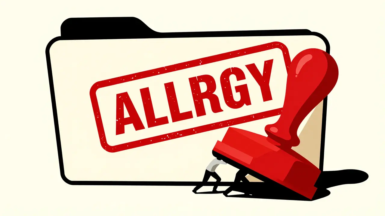 Conceptual art showing a person trapped under a large medical allergy stamp.