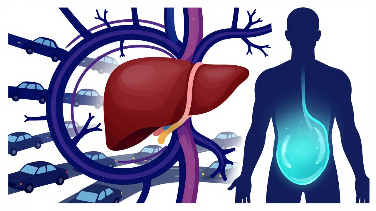 Conceptual art showing congested veins and fluid accumulation in a human silhouette.