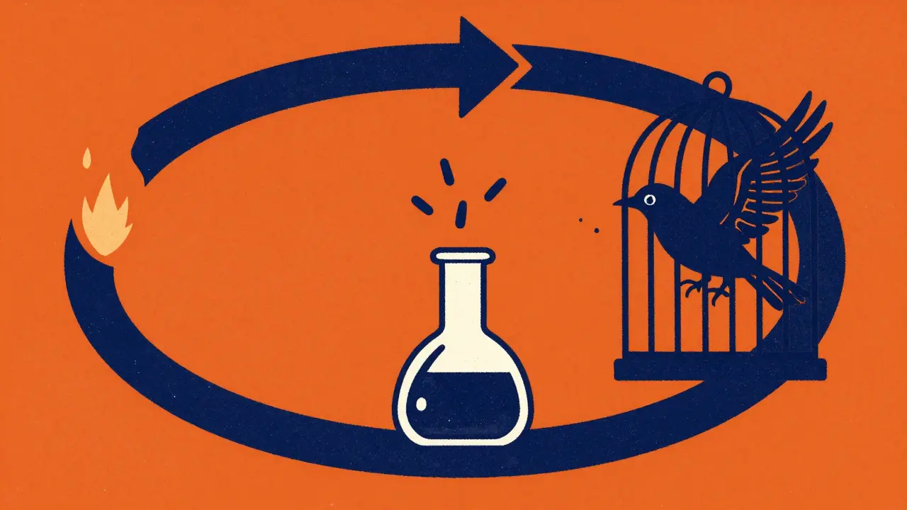 Conceptual circular artwork depicting the stages of drug safety monitoring and warning removal.