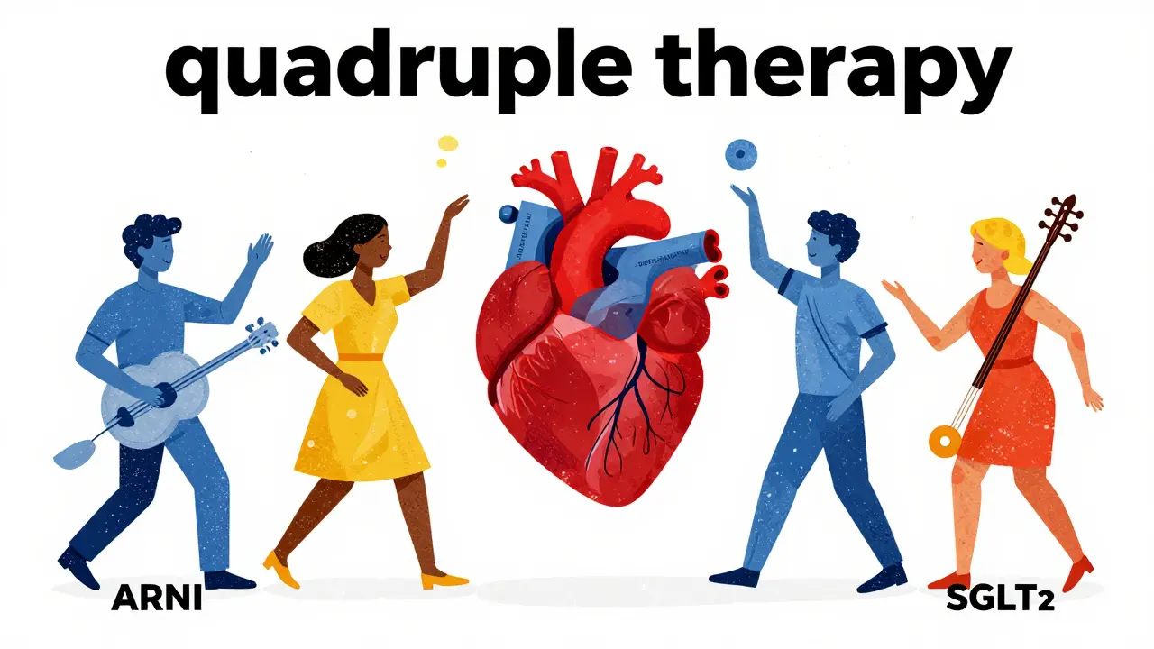 Four abstract symbols orbiting a heart in a rhythmic, colorful composition.