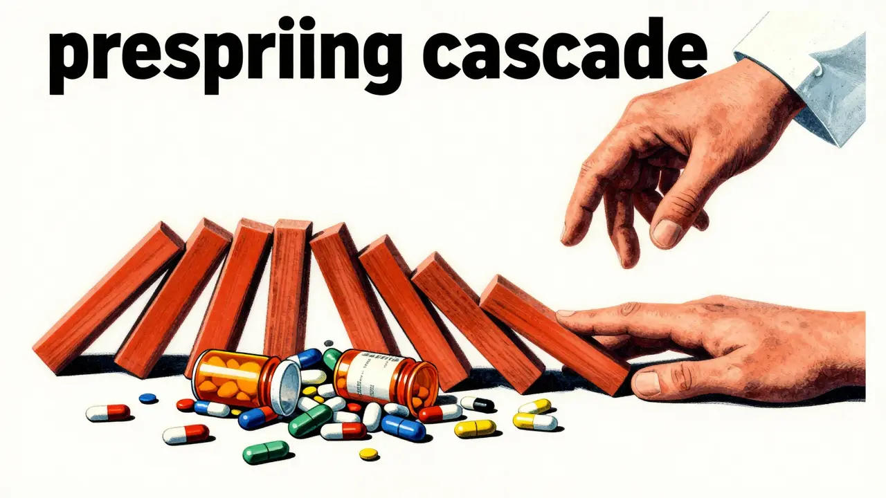 Graphic illustration of a chain reaction of medication bottles being simplified.