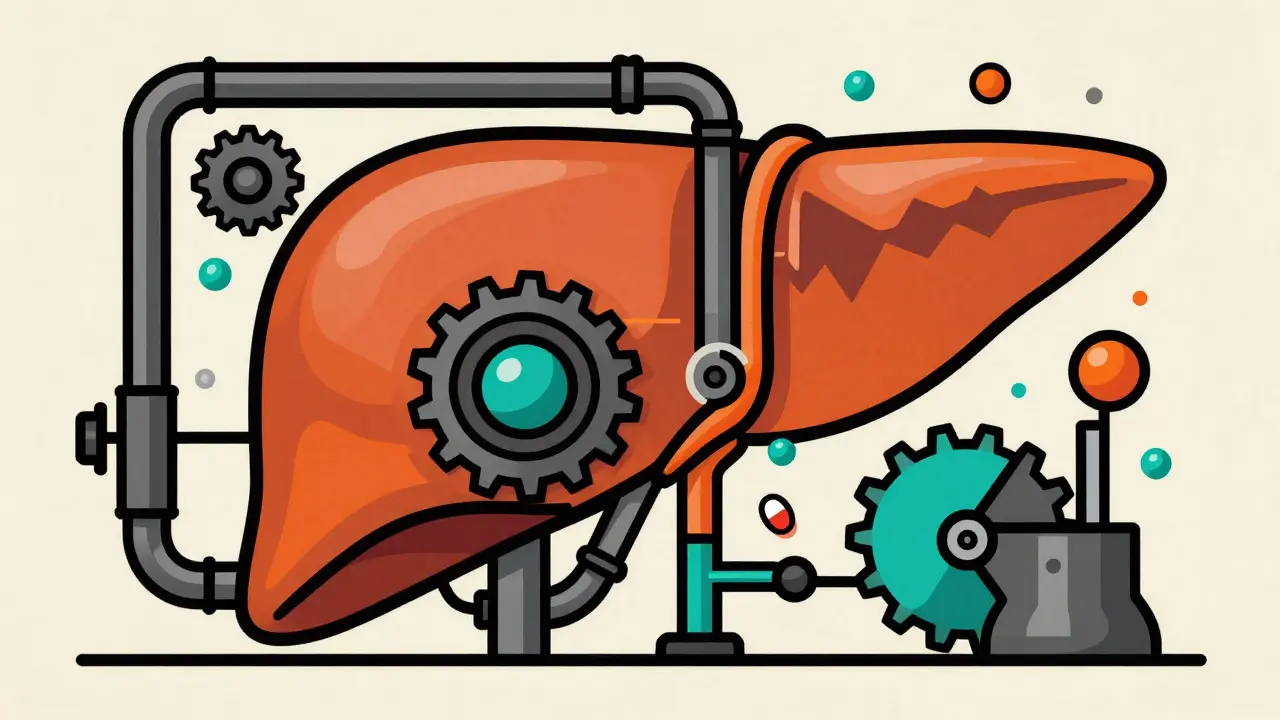 Graphic representation of a liver as a factory processing colorful drug spheres.