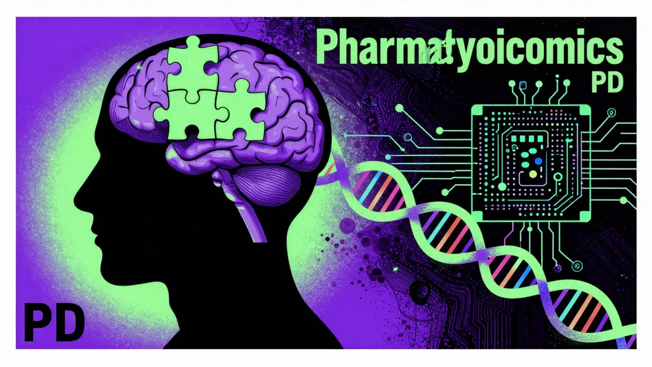 Stylized human silhouette with a puzzle-piece brain and a DNA helix in an artistic poster style.