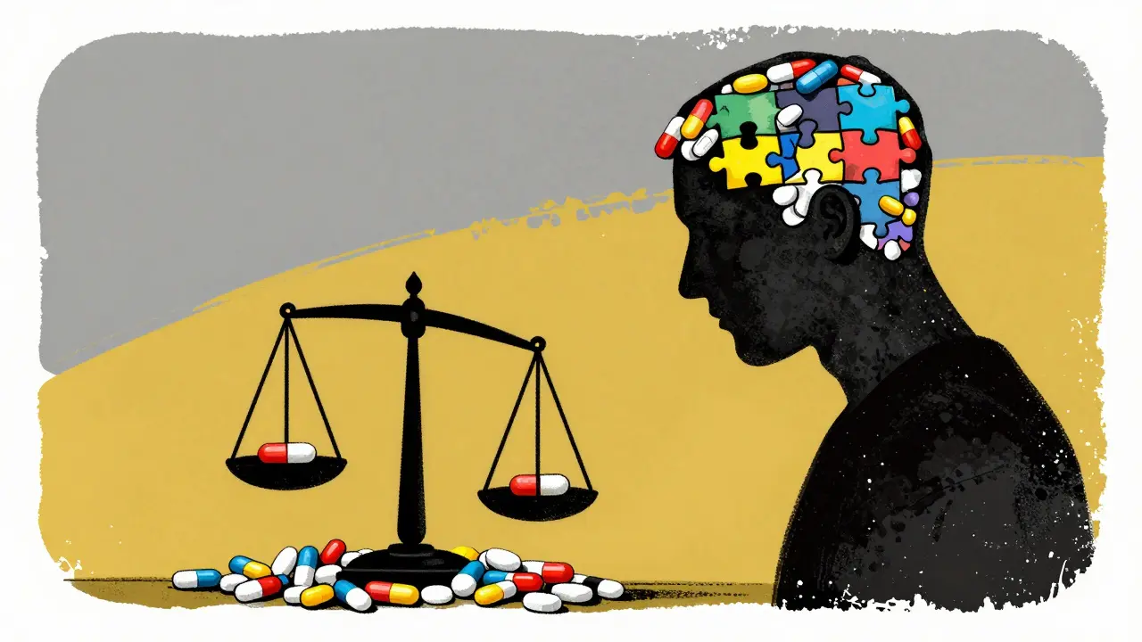 Stylized silhouette with a head made of puzzle-like pills and an unbalanced scale.