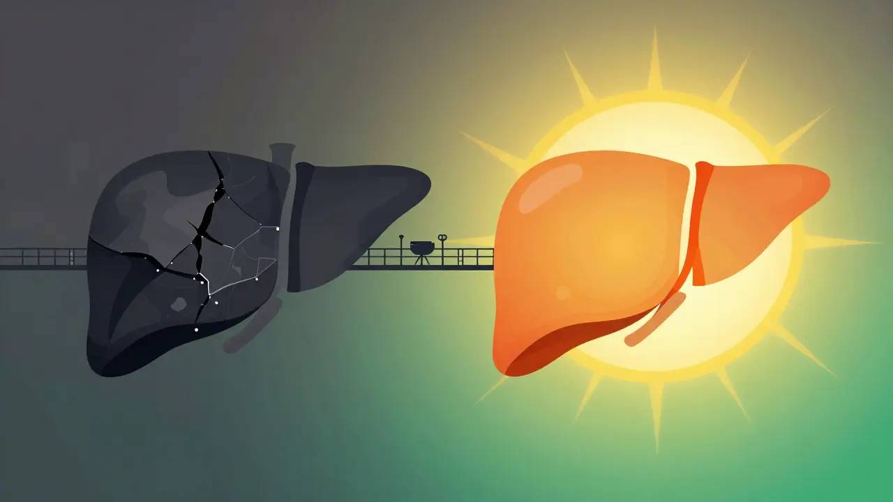 Symbolic illustration of a damaged liver being replaced by a healthy, glowing liver.